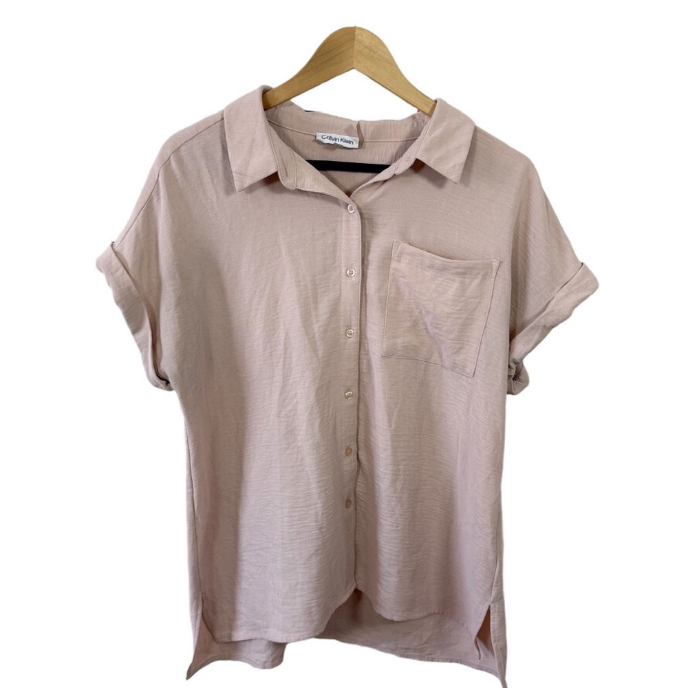Calvin Klein Blush Pink Button Front Short Sleeve Blouse Size M